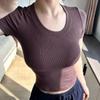 En stock Traje de yoga estilo americano de verano, camiseta de manga corta para mujer, fino, deportivo, para correr, informal, con espalda hermosa, para fitness.