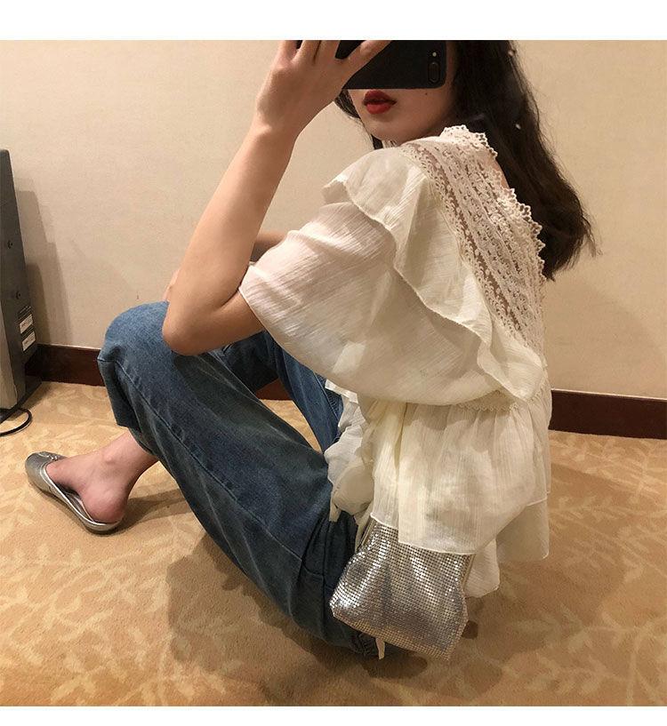 商品详情图_2024新款小仙女bi备荷叶边v领蕾丝上衣宽松短