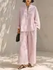 Marca independiente a rayas suelto casual para mujer manga larga con cremallera cuello medio pantalones de pierna ancha conjunto de dos piezas ropa de casa moda estilo moderno