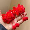 Acessório de Cabelo para Bebê de Ano Novo Hanfu Bola de Pelo Laço Vermelho Grampo de Cabelo Estilo Chinês Hanfu Par de Presilhas de Flor de Veludo para Meninas