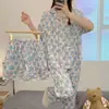 Ins Estilo Coreano Simples Urso Cinza Autodepreciativo Conjunto Novo de Três Peças Verão 2025 Pijama de Manga Curta, Shorts e Calça Longa para Mulheres