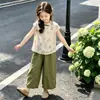 Conjunto de Duas Peças com Blusa Floral de Verão e Calça Wide Leg para Meninas 2026 Novo Estilo Meninas Grandes Estilo Chinês Novo Estilo Chinês Tendência Conjunto de Duas Peças