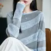 Suéter tejido de punto hueco a rayas retro de manga larga para mujer, 26 nuevo estilo primavera/otoño, top suéter transpirable de ganchillo con bloques de color