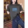 Camiseta de Algodão Puro de Manga Curta para Mulheres, Estilo Novo 2026, Moderna e Versátil, Top Azul Marinho com Gola Redonda para o Verão