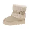Botas de neve de sola grossa transfronteiriças para mulheres, com acabamento em pelúcia, fivelas de metal, altura até a panturrilha e forro de fleece para aquecimento, botas de algodão de inverno no atacado
