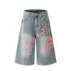 Shorts Jeans Cropped Estampado de Desenho Animado Plus Size para Mulheres Primavera e Verão Novo Hot Girl Cintura Alta Americana Solto Emagrecedor Perna Larga