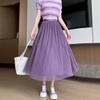 Falda Mercerizada para Mujer Verano Nuevo Versátil Arrugado Fino Plisada Falda Cintura Alta Adelgazante Suave Longitud Media Midi Falda de Malla