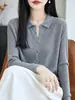 Camisa de punto fino de lana para mujer, holgada de manga larga, diseño único de rayas irregulares, top simple y favorecedor de manga larga