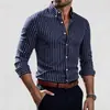 Talla Europea Transfronteriza Nueva Camisa de Manga Larga Rayas Verticales Verde y Blanco para Hombre Commute de Negocios Sin Planchar Versátil Camisa para Hombre