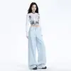 Início do outono Design Sense Cintura Alta Solto Perna Reta Perna Larga Calças Design Sense Playful Sky Blue Trailing Jeans Mulheres
