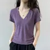 Camiseta de algodón morada estilo coreano para mujer, con escote en V, manga corta, estampado de copos de nieve, modelo de verano nuevo, top único y deslumbrante que estiliza la cintura