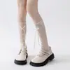 Medias de Malla de Verano Estilo Ins Chica Dulce Pura Blanco Leche Calcetines para Pantorrilla con Encaje Hueco y Moño