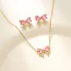 Collar Rosa Dulce de Niña con Lazo y Circonita Moda Femenina Diseño de Nicho de Moda Pendientes Elegantes de Alta Gama