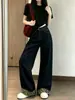 Calça Jeans Wide Leg Patchwork Estampa de Leopardo Feminina Outono 2026 Nova Cintura Alta Tamanho Plus Size Solta Modeladora Caimento Longa até o Chão