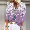 Roupas Femininas Europeias e Americanas Transfronteiriças Primavera e Verão Novas Estação Independente Amazon Camiseta Casual com Gola V Estampada Floral de Sete Mangas Top