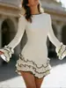 Vestido Sexy Ajustado Transfronterizo Europeo y Americano con Falda Corta Fruncida, Vestido de Punto con Borde Enrollado, Manga Larga de Color Sólido