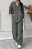 Sitio Web Independiente Transfronterizo Europeo y Americano Experto en Moda Verano 2026 Cuello en V Manga Larga Pantalón Largo Multicolor Algodón y Lino Conjunto para Mujer