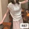 Top de punto vintage de manga corta estilo coreano para mujer, verano retro de alta gama ajustado, adelgazante, con pequeñas mangas acampanadas, elegante y ligero