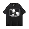 Camiseta preta de manga curta, lavagem vintage, peso pesado, com estampa de retrato em preto e branco, camiseta anime versátil unissex