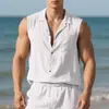 Camisa de lino con solapa de moda europea y americana transfronteriza para hombre, chaleco camiseta sin mangas casual simple suelto de verano fino
