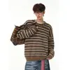 Suéter Retro Americano de Rayas y Bloques de Color con Cuello Redondo para Hombres y Mujeres Otoño Marca de Moda Cardigan Perezoso Holgado Ajuste Relajado Ropa de Abrigo