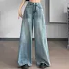 Calça jeans azul claro de cintura alta, modelagem solta, emagrecedora, perna larga, estilo fino de verão, plus size, comprimento total, adequada para baixinhas.