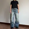Exportação Transfronteiriça Jeans Masculino Retrô Americano Lavado com Rasgos Falsos Tendência Solto Reto High-End Bonito