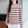 Suéter de punto a rayas 100% algodón de cuello medio alto transfronterizo para mujer, nuevo de 2026, ajuste slim, capa base cálida