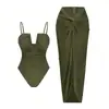 Nuevo Traje de Baño de Una Pieza Estilo Europeo y Americano con Escote en V Profundo, Fruncido y Pierna Alta, Vestido Largo sin Tirantes, Traje de Baño Sexy y de Moda para Comercio Exterior