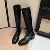 Botas largas ajustadas de cuero superelástico de 4 cm para mujer, botas por encima de la rodilla para otoño e invierno, punta redonda, cremallera trasera, botas elásticas de tacón medio alto para mujer