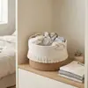 Cesta de almacenamiento tejida con cuerda de algodón y borlas, cesta redonda para la colada para uso doméstico, adecuada para guardar ropa, juguetes y artículos varios, con asa para facilitar el transporte
