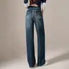 Jeans vintage desgastados para mujer para otoño, de cintura alta, pierna ancha, adelgazantes, con efecto bigote, deslavados, fluidos, pierna recta, pantalones de largo hasta el suelo
