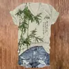 Top de manga corta para mujer con estampado digital 3D de mariposas y bambú vintage transfronterizo, cuello en V, manga corta, personalizado