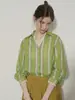 Camisa de Linho Verde Listrada com Vibe Fresca de Verão para Mulheres Gola Suave Casual Soltinha Preguiçosa Manga Longa