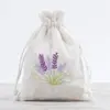 Bolsa de lino fruncida con cordón de algodón y bordado de lavanda, caja de regalo para joyería, bolsa de almacenamiento de empaque de bolsita vacía
