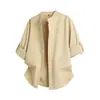 2025 Nova Camisa Masculina Retrô Gola Alta Cor Sólida Solta Manga Longa Estilo Japonês Moda Jovem Camisa Jacket Casual