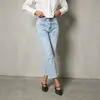 Calça jeans feminina de lavagem desgastada com bolsos frontais, perna larga, versátil, nova coleção primavera e outono para o dia a dia, confortável, tendência