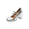 Hebilla de cinturón nueva Zapatos Mary Jane para mujer Punta cuadrada Boca poco profunda Zapatos de una sola capa Tacones altos gruesos Tallas grandes 32-46 Zapatos de comercio exterior
