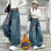 Calça Jeans Acolchoada de Pelúcia para Meninas 2026 Novo Outono/Inverno Retrô Americano Calças de Perna Larga Perna de Tesoura para Crianças Médias/Grandes Largas Comprimento Total Longas