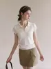Elegante polo de punto de seda helada para mujer, primavera/verano, corte holgado, versátil, de manga corta, hombro normal, cuello camisero, ligero 830