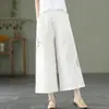 Calça reta de perna larga de algodão e linho bordada estilo étnico retrô para mulheres, cor sólida, cintura elástica, estilo solto, fina, para 100kg, para primavera e verão