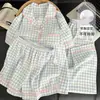 Pijama Estilo Coreano Ins Cuadros Azules para Estudiantes Tallas Grandes para Mujer, Estilo Primavera y Verano, Se Puede Usar Afuera, Conjunto Casual de Tres Piezas para Casa