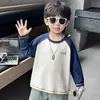 Roupa de primavera e outono para meninos: Camiseta amarela de cinco linhas, blusa de manga comprida color block infantil estilo coreano, top casual para bebês e crianças pequenas, qualidade de exportação
