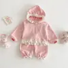 Chaqueta para Niñas Estilo Coreano Nueva Primavera 0-5 Años Bebé Estilo Coreano Top con Capucha Pantalones Casuales de Encaje para Niños Dos Piezas