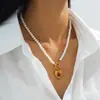 Joias Europeias e Americanas Mais Vendidas Pingente de Coração Irregular Simples Inlaid Turquesa Arco-Íris Colar de Pérolas Versátil Mais Vendido