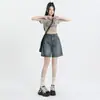 Jeans Feminino Cropped Novo Estilo Primavera e Verão para Figuras Baixas, Corte Reto Solto Fino Cintura Alta Retro Linha A Perna Larga Comprimento Médio