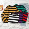 Venta al por mayor de comercio exterior transfronterizo estilo coreano holgado combinable estilo japonés Harajuku jersey a rayas con bloques de color camiseta holgada casual