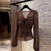 Blusa de malla estilo francés con cuello en V, lazada y manga abullonada tipo linterna para mujer, nueva moda otoño 2026, top ajustado y versátil