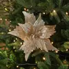 Decorações de flores de Natal em dourado e vermelho com lantejoulas e glitter, flores de Natal artificiais feitas à mão em formato de fênix, acessórios para árvore de Natal