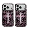 Estilo Europeo y Americano Estampado de Leopardo Rosa Corazones Cromados Compatible iPhone 16 Marca de Moda Funda de Película 18 Pro Funda de Teléfono Dos en Uno